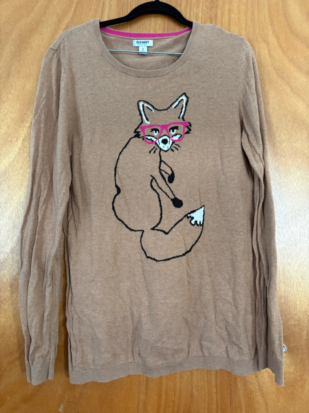 Old Navy Camel Fox Graphic Crewneck Sweater with Pink Mask Detail